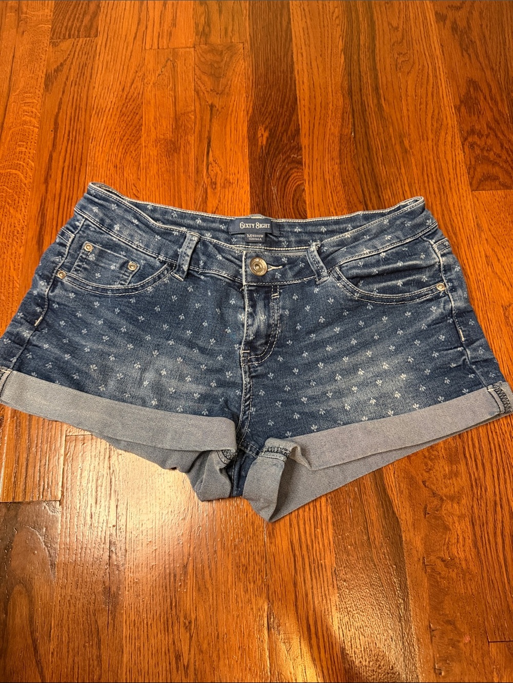 6ixty 8ight  Dark Blue Denim Cuffed Shorts with Micro Print